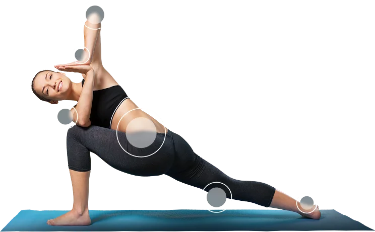 Woman stretching with highlighted elbow joint — representing elbow pain, joint injuries and advanced orthopedic treatment