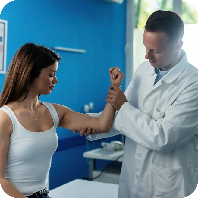 orthopedic doctor assessing elbow ligament stability and joint instability in a patient