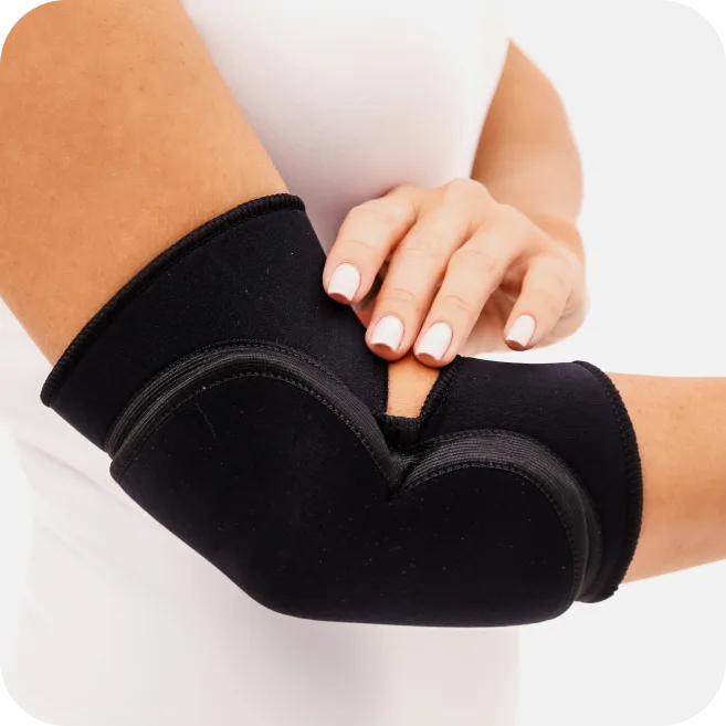 patient wearing elbow brace for post-traumatic injury or fracture support
